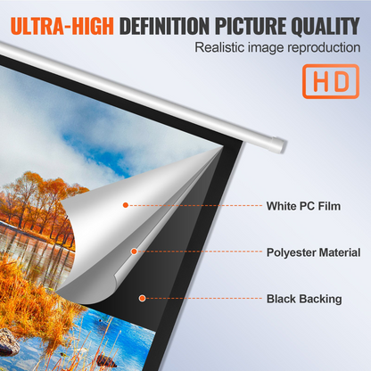 Start2Finish 100-inch manual projector screen with retractable pull-down design, ideal for home theater and office use.