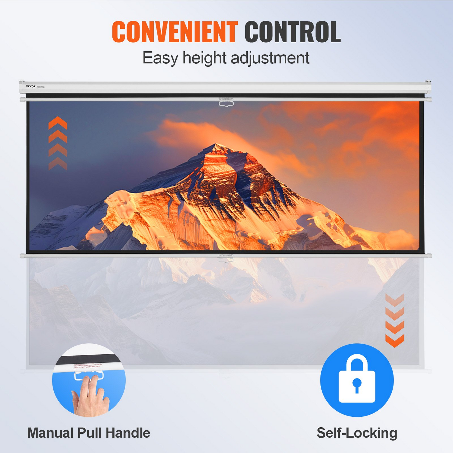 Start2Finish VEVOR 100-inch retractable projector screen with auto-locking mechanism, suitable for home theater and office use.