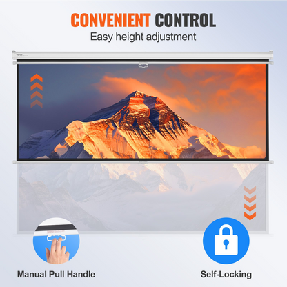 Start2Finish VEVOR 100-inch retractable projector screen with auto-locking mechanism, suitable for home theater and office use.