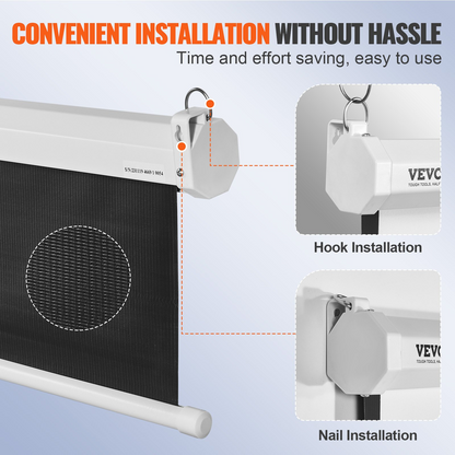 Start2Finish VEVOR 100-inch manual projector screen, retractable 16:9 HD movie screen for home, office, or theater use.