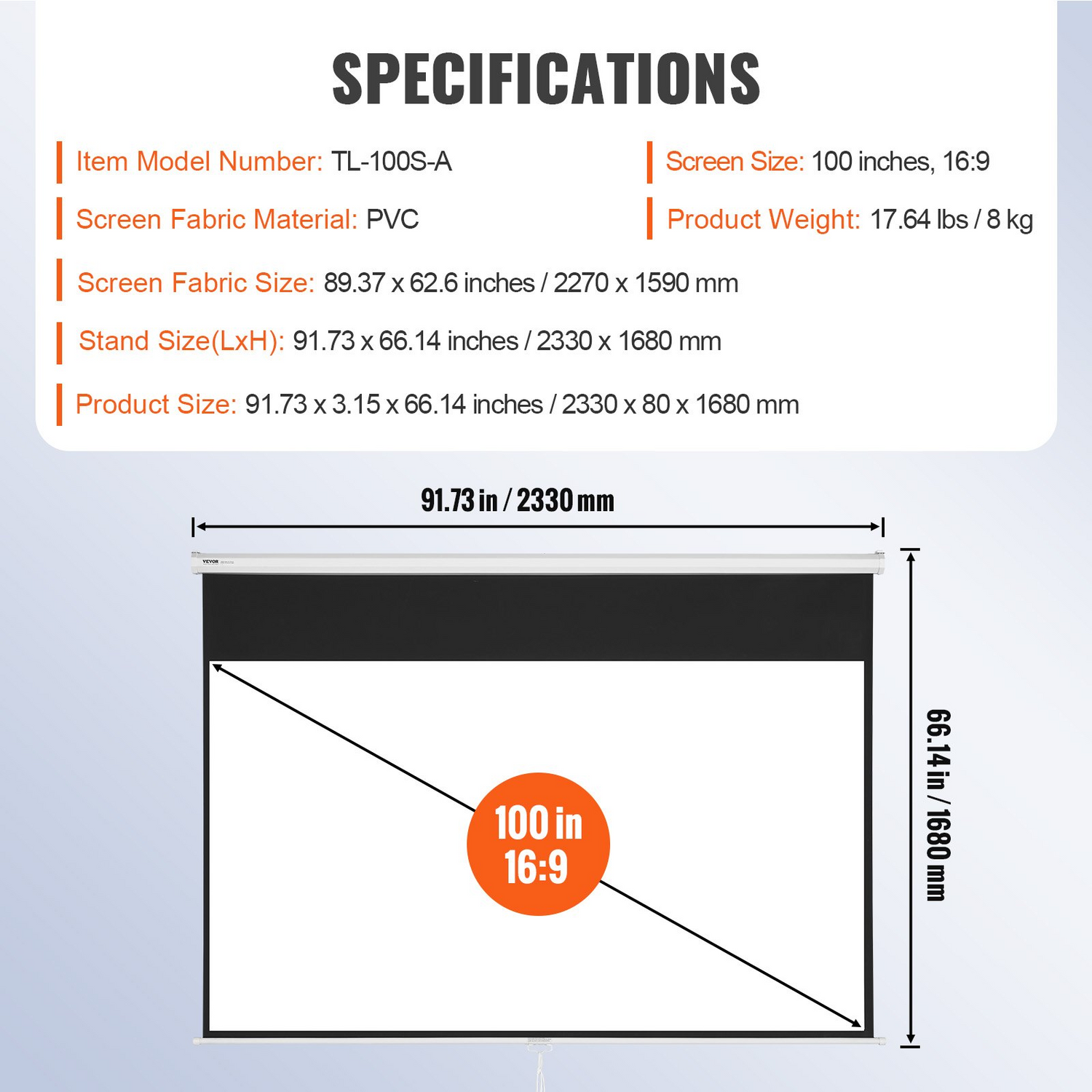 Start2Finish 100-inch manual projector screen with retractable pull-down design, ideal for home theater and office use.