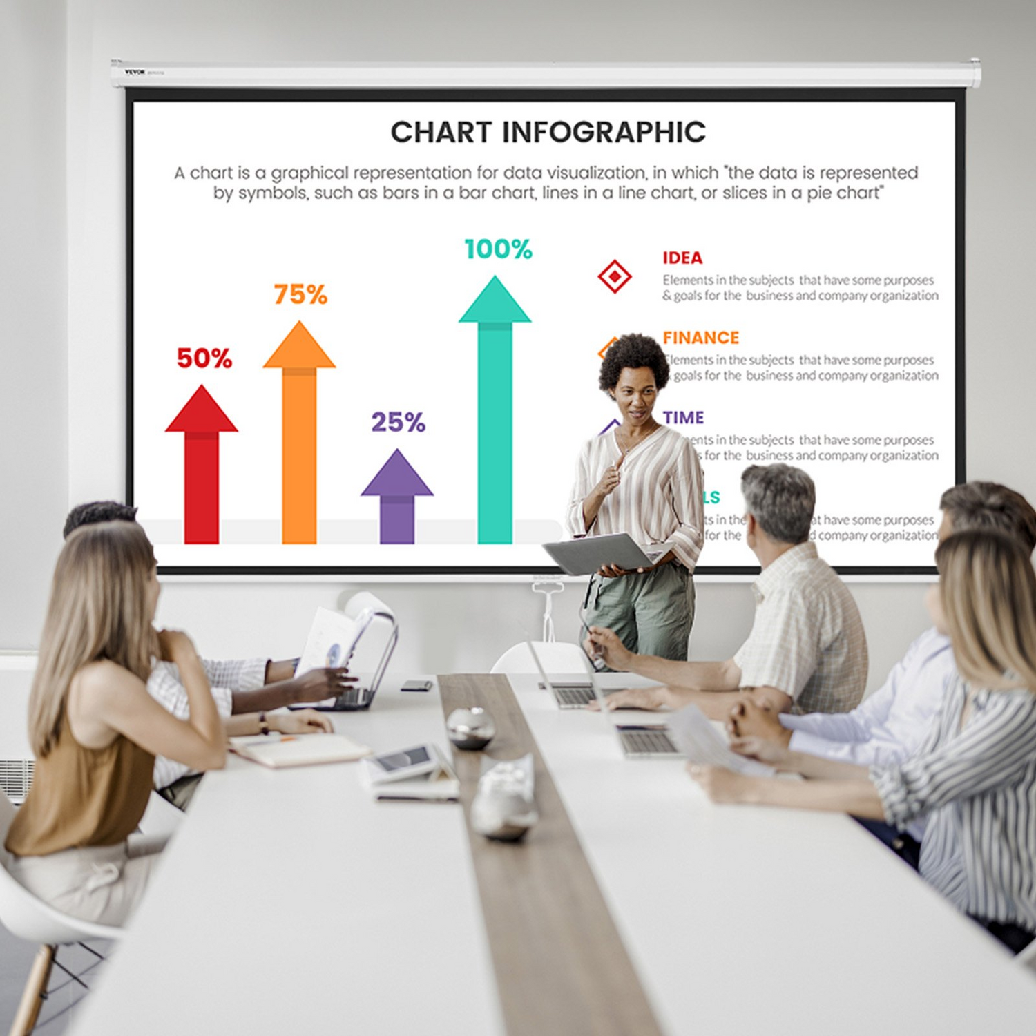 Start2Finish 100-inch manual projector screen with retractable pull-down design, suitable for home theater and office use.