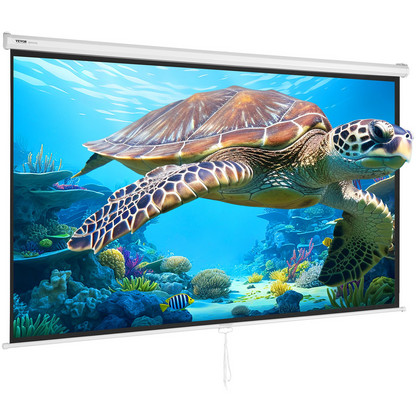 Start2Finish VEVOR 100-inch manual projector screen, retractable 16:9 HD movie screen for home theater and office use.