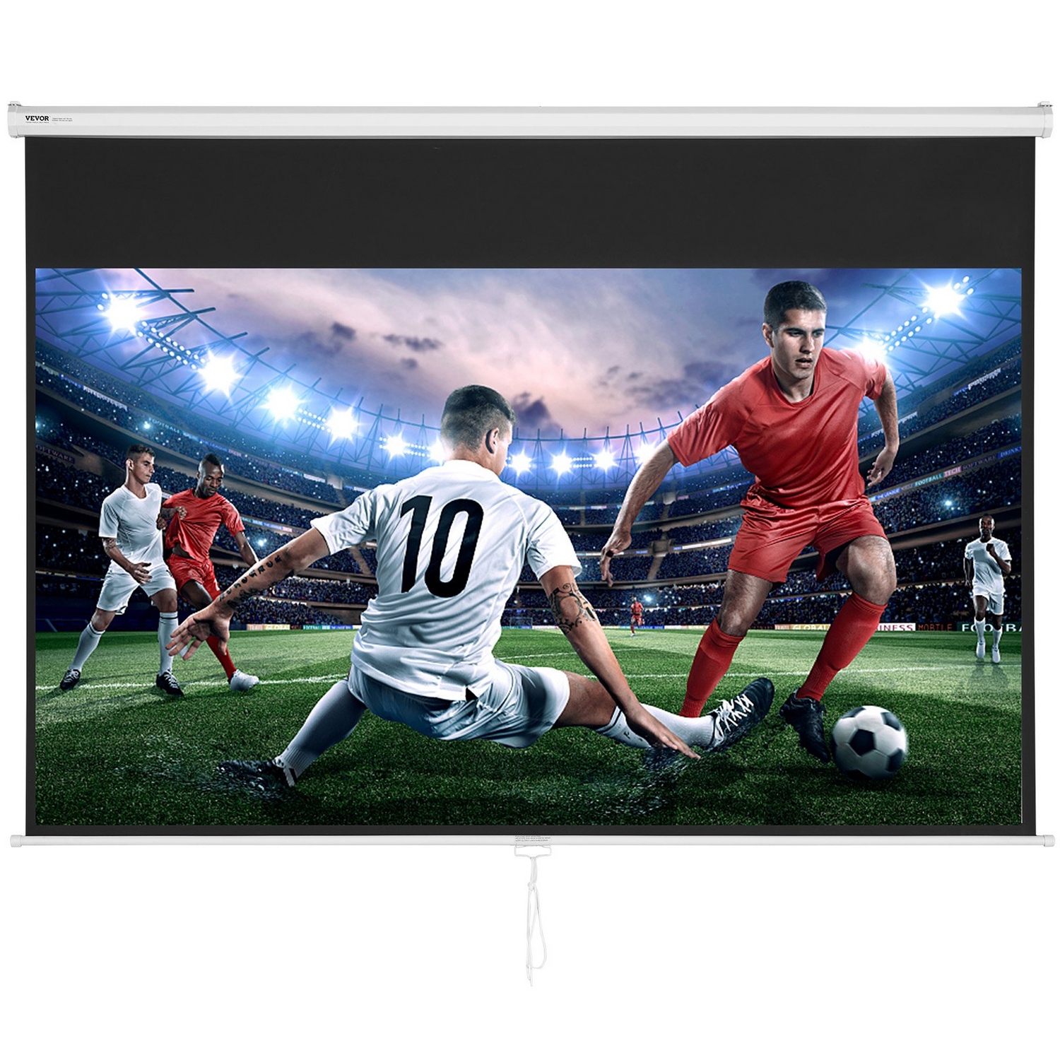 Start2Finish VEVOR 100-inch manual projector screen, retractable 16:9 HD movie screen for home, office, or theater use.