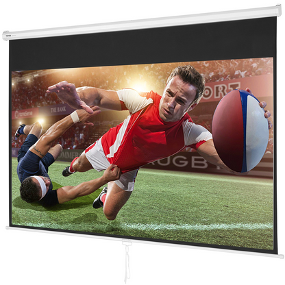 Start2Finish 100-inch manual projector screen with retractable pull-down design, suitable for home theater and office use.