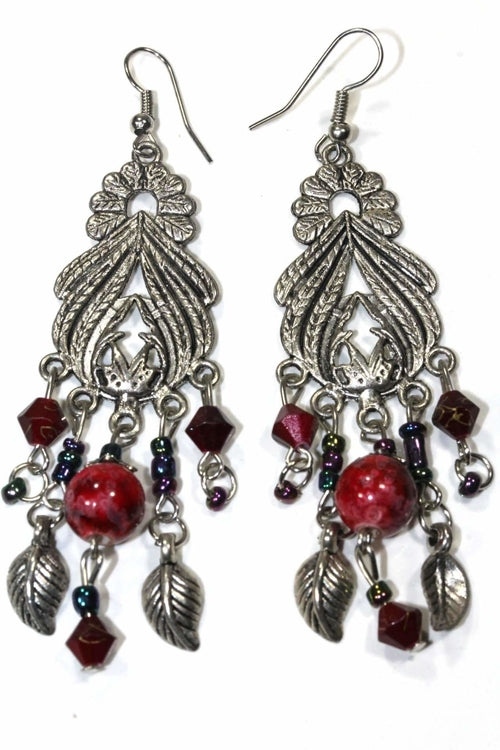 Silver Hestia Bohemian Queen Marbled Bead Earrings featuring marbled beads and bohemian-inspired design, hanging from silver hooks.