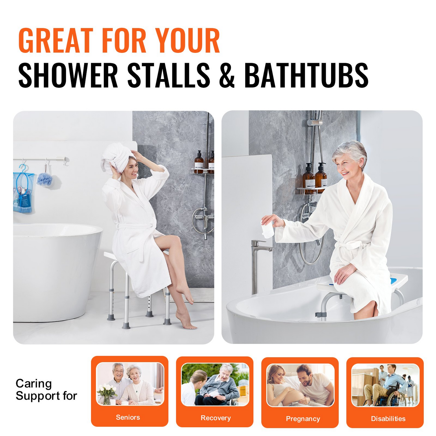 Start2Finish VEVOR adjustable height bath shower chair with non-slip seat and sturdy design for elderly and disabled users.