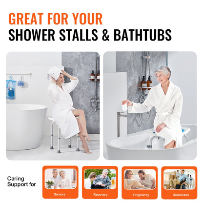 Start2Finish VEVOR adjustable height bath shower chair with non-slip seat and sturdy design for elderly and disabled users.