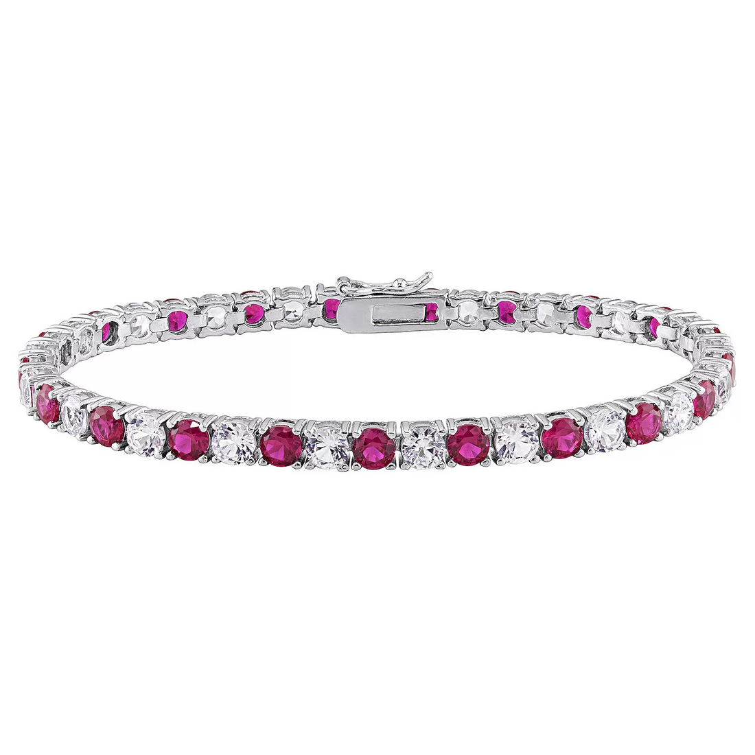Start2Finish 6-carat lab-created ruby and white sapphire tennis bracelet in 14K gold overlay, 7.25-inch length, elegant jewelry piece.