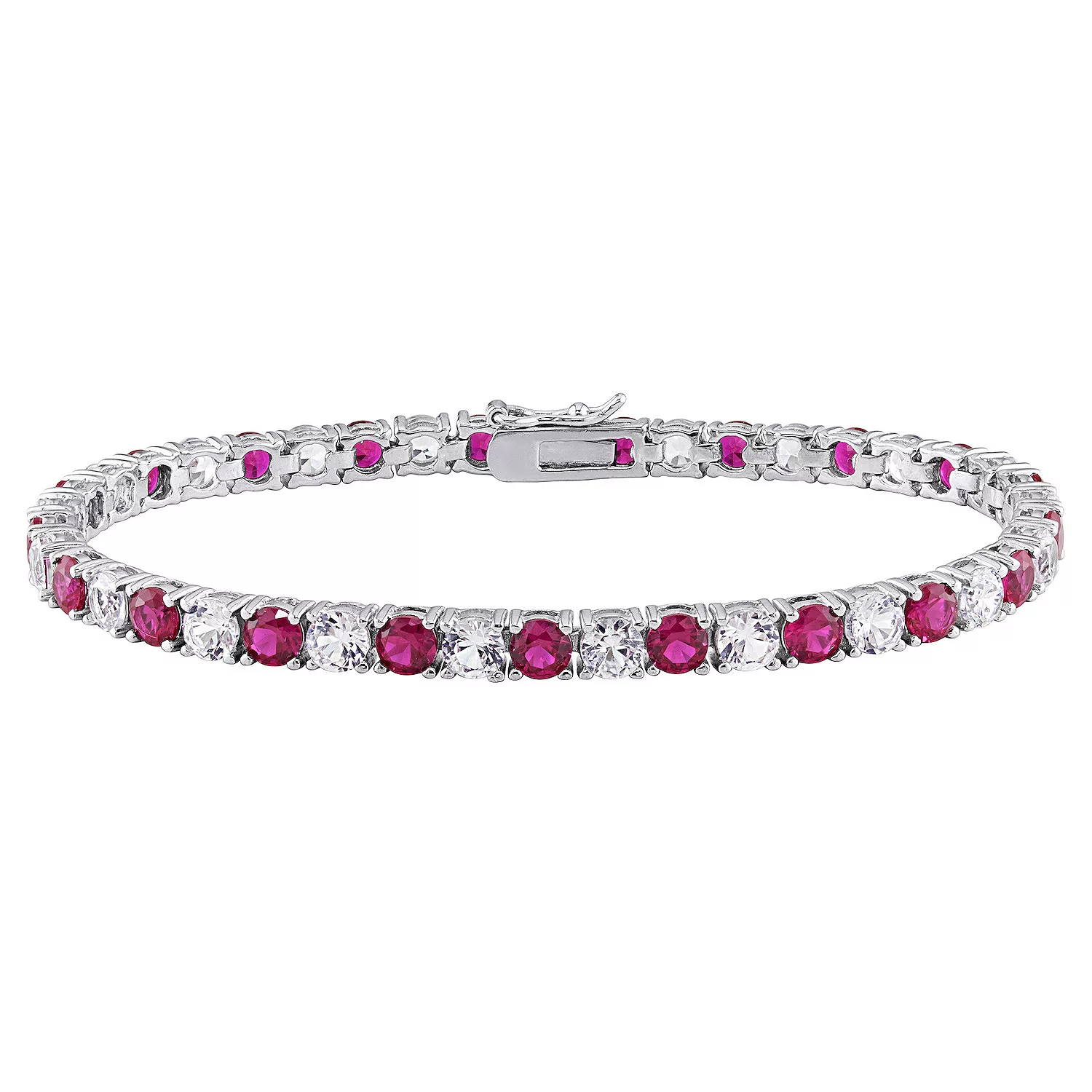 Start2Finish 6-carat lab-created ruby and white sapphire tennis bracelet in 14K gold overlay, 7.25-inch length, elegant jewelry piece.