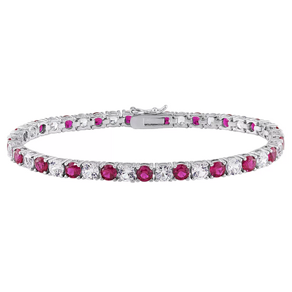 Start2Finish 6-carat lab-created ruby and white sapphire tennis bracelet in 14K gold overlay, 7.25-inch length, elegant jewelry piece.
