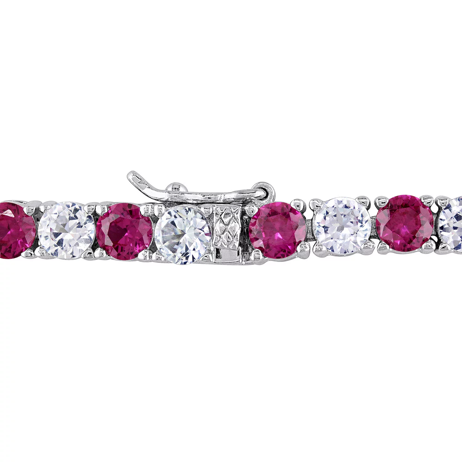 Start2Finish lab-created ruby and white sapphire tennis bracelet in 14K gold overlay, 7.25-inch length, showcasing sparkling gemstones.