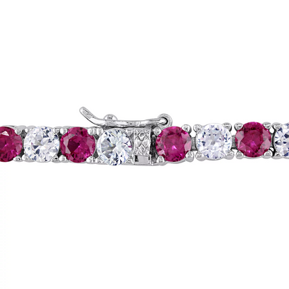 Start2Finish lab-created ruby and white sapphire tennis bracelet in 14K gold overlay, 7.25-inch length, showcasing sparkling gemstones.
