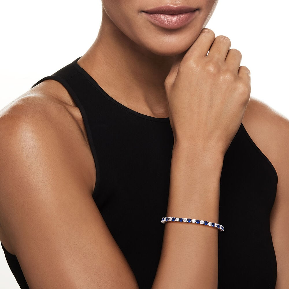 Start2Finish 6ctw created white and blue sapphire tennis bracelet in 14K gold overlay, 7.25-inch length, with sparkling gemstones.