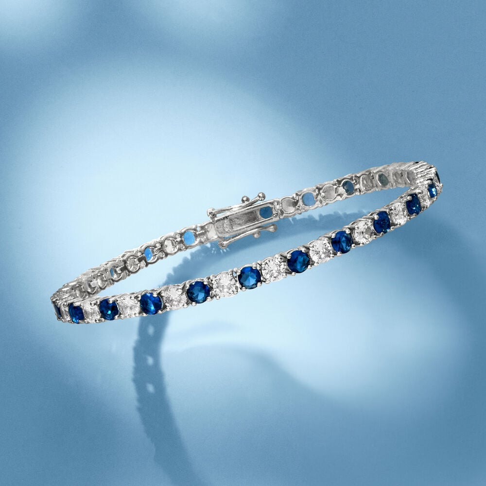 Start2Finish 6 carat total weight white and blue sapphire tennis bracelet in 14K gold overlay, 7.25 inches long, with sparkling sapphires.