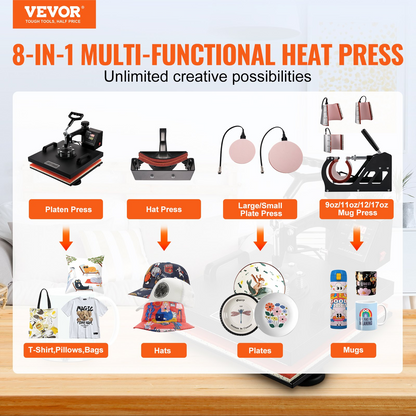 Start2Finish VEVOR 8-in-1 15x15 inch heat press machine with swing-away design for sublimation, vinyl, and heat transfer projects
