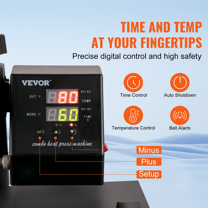 Start2Finish VEVOR 8-in-1 heat press machine with 15x15 inch pressing surface, swing-away design for sublimation and heat transfer projects.