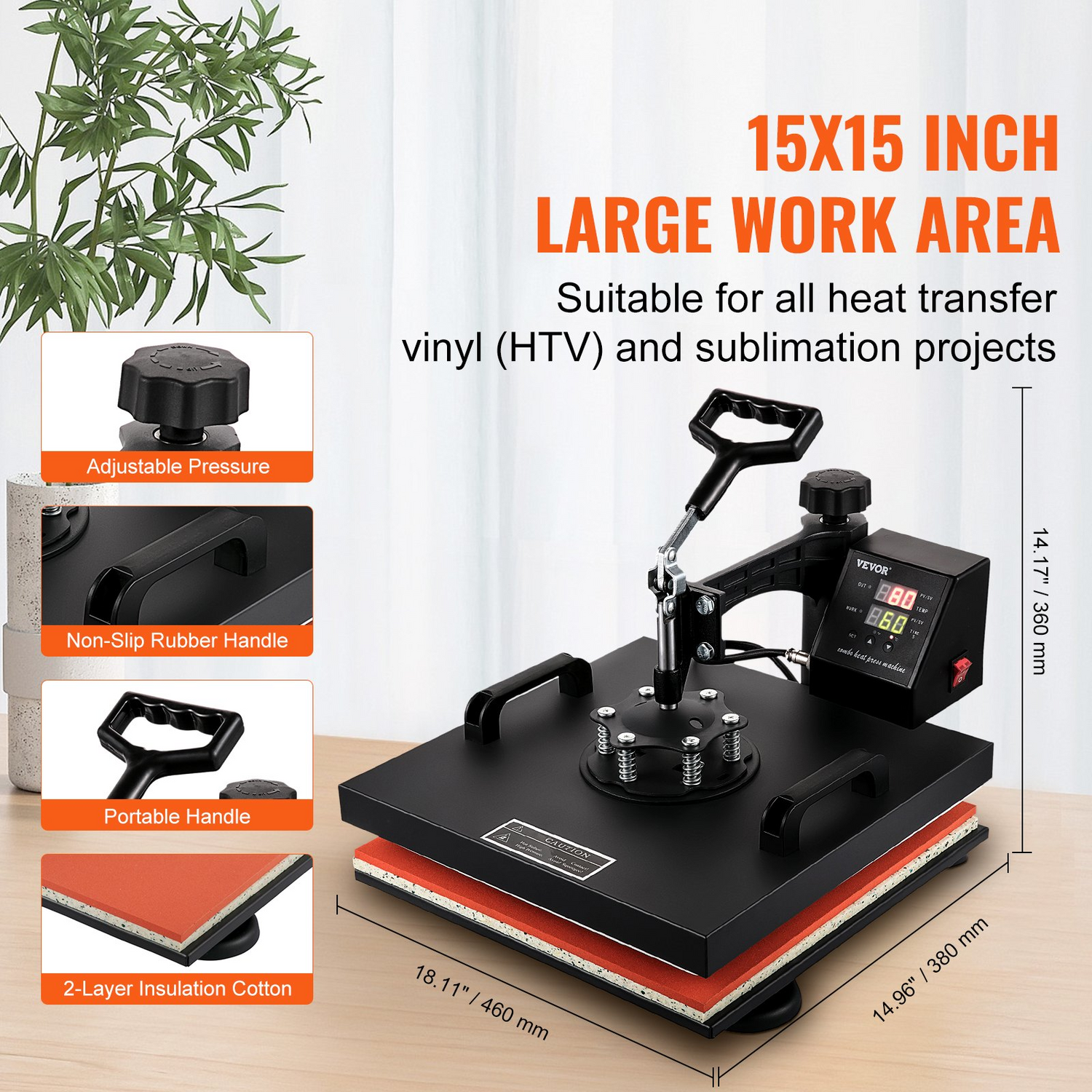 Start2Finish VEVOR 8-in-1 heat press machine with 15x15 inch pressing surface, swing away design, for sublimation and heat transfer projects.