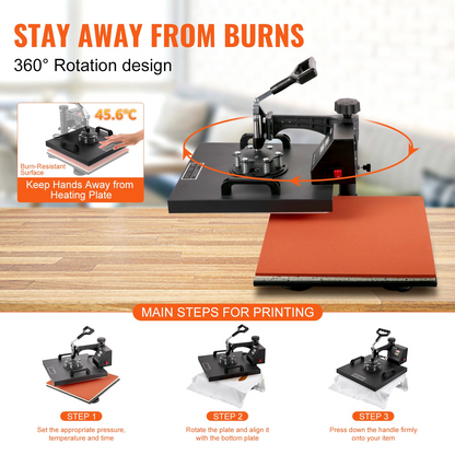 Start2Finish VEVOR 8-in-1 15x15 inch heat press machine with swing-away design for sublimation, vinyl, and heat transfer projects.