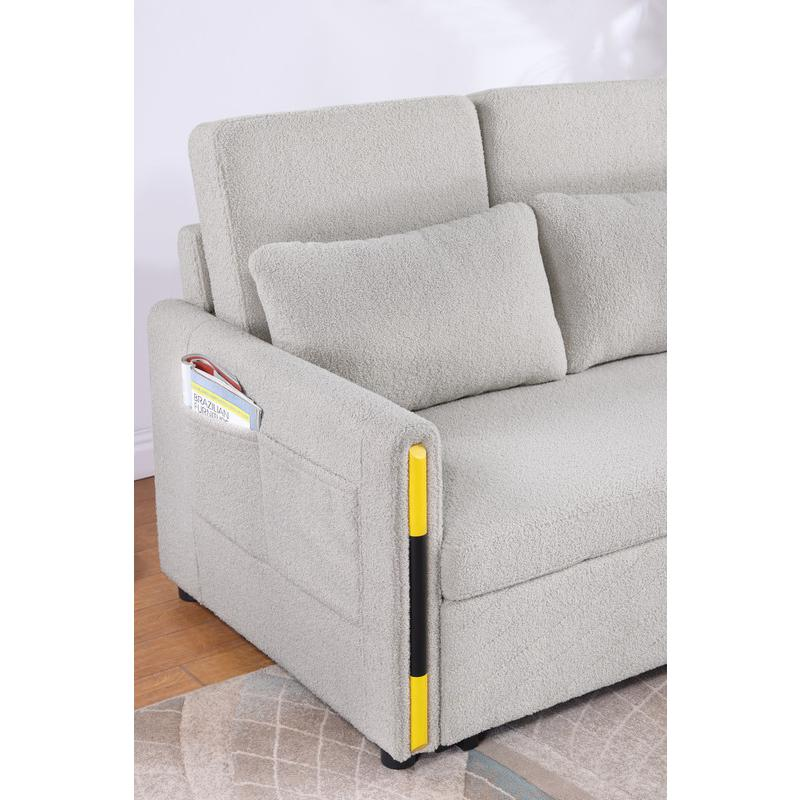 Beige Teddy Velvet Sleeper Loveseat with side pockets by Start2Finish, showing plush velvet upholstery and cozy design.