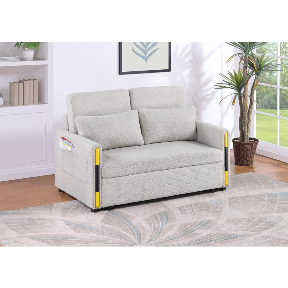 Beige teddy velvet sleeper loveseat with side pockets from Start2Finish, showing plush fabric and cozy design.
