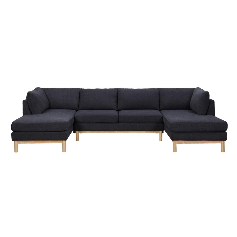 Black Sherpa double chaise U-shape sectional sofa by Start2Finish, showing plush, wide chaise lounges and cozy, soft fabric.