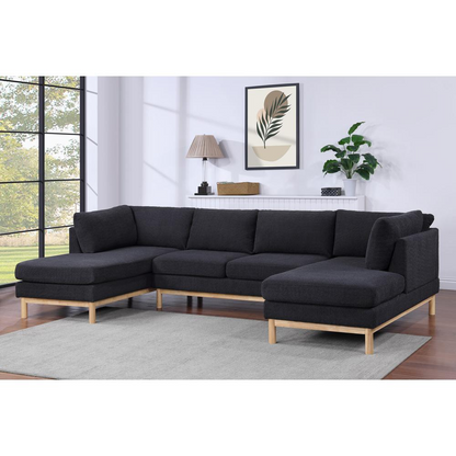 Black Sherpa U-shape sectional sofa by Start2Finish with double chaise, 124-inch wide, plush and cozy for living room comfort