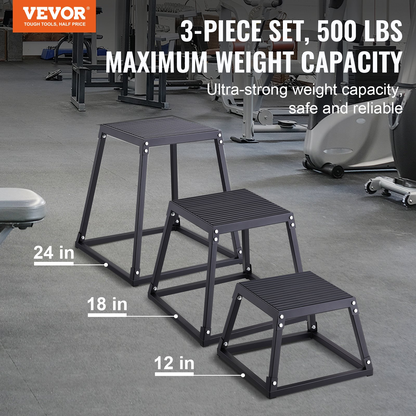 Start2Finish VEVOR plyometric jump boxes in black, 12, 18, and 24 inches, anti-slip fitness exercise step-up boxes for home gym.