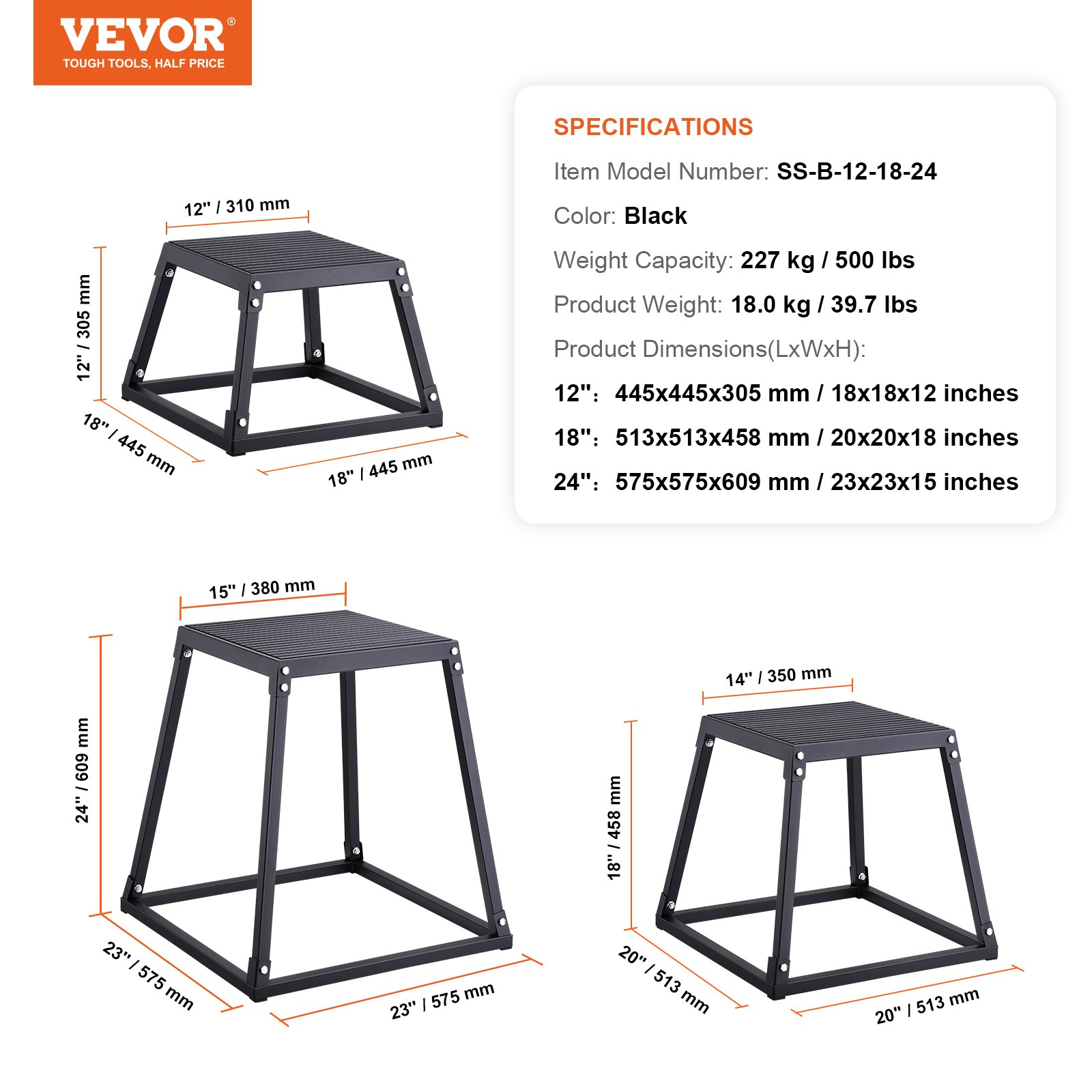 Start2Finish VEVOR plyometric jump box set with 12, 18, and 24-inch black anti-slip platforms for fitness and agility training.