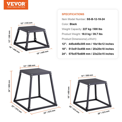 Start2Finish VEVOR plyometric jump box set with 12, 18, and 24-inch black anti-slip platforms for fitness and agility training.