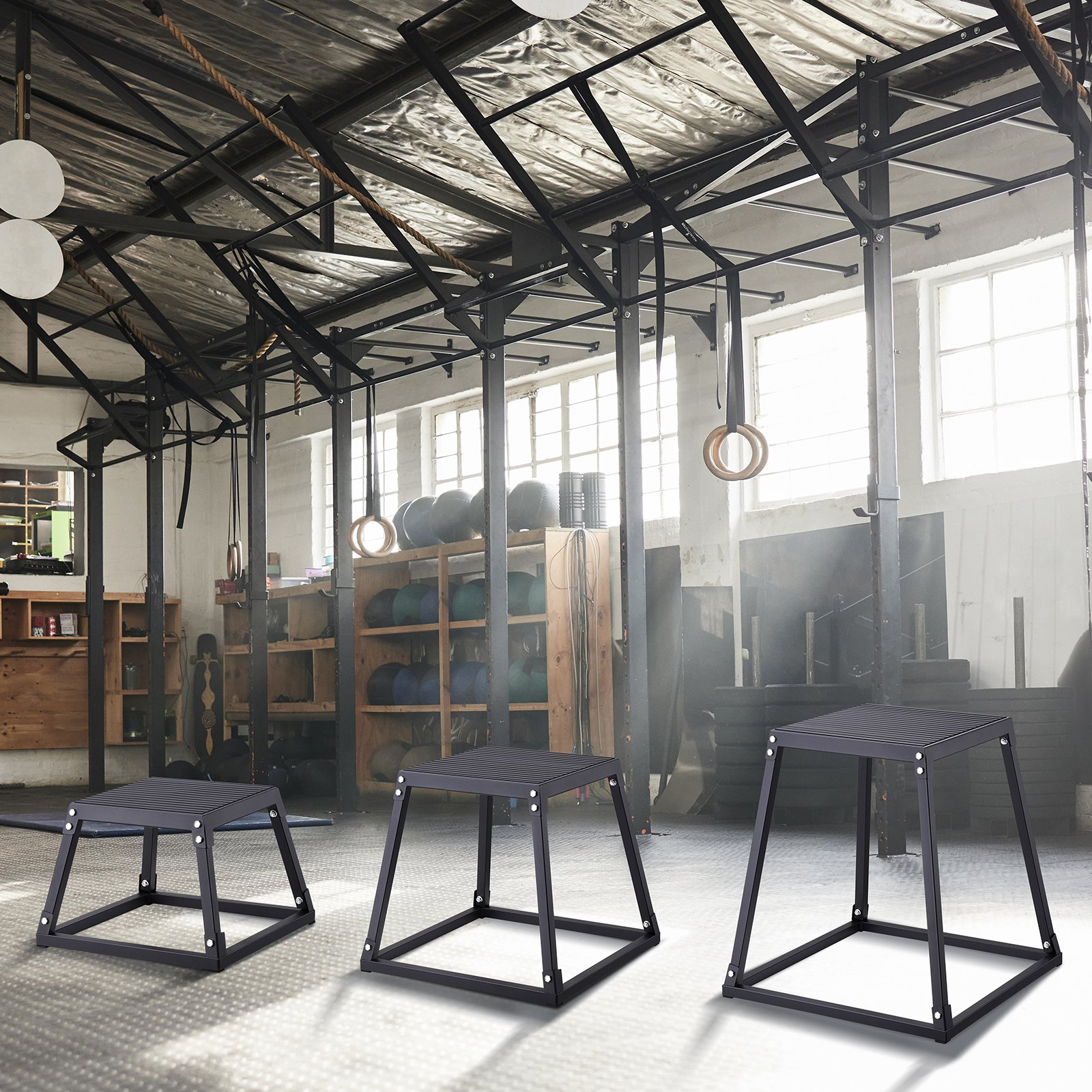 Start2Finish VEVOR Plyometric Jump Box set with 12, 18, and 24-inch black anti-slip platforms for home gym agility and strength training.