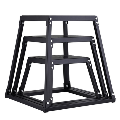 Start2Finish VEVOR plyometric jump boxes in black, 12, 18, and 24 inches, featuring anti-slip surfaces for fitness and strength training.