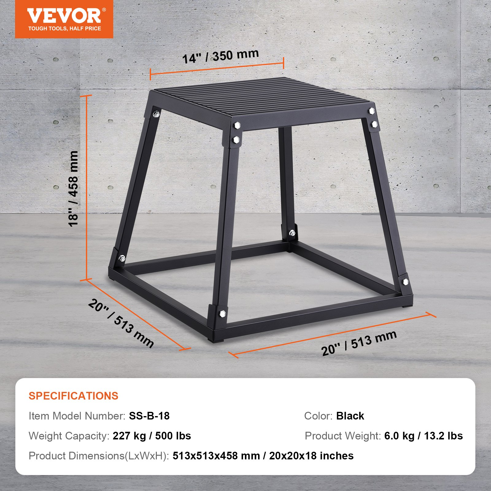 Start2Finish black VEVOR 18-inch plyometric jump box with anti-slip surface for fitness, agility, and strength training exercises.