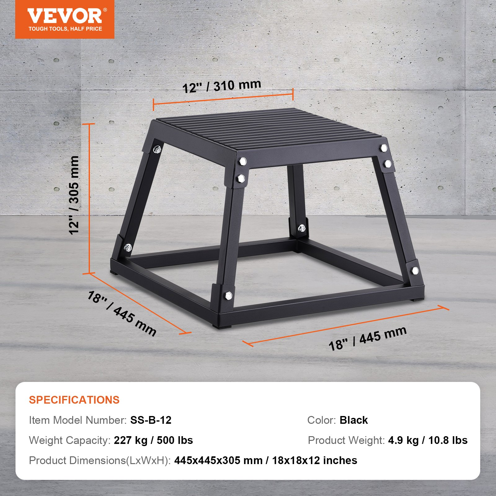 Start2Finish VEVOR 12-inch black plyometric jump box with anti-slip surface for home gym agility and strength training.