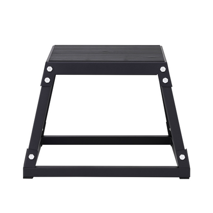 Start2Finish black steel plyometric jump box, 12-inch fitness step-up platform with anti-slip surface for home gym training and agility exercises.