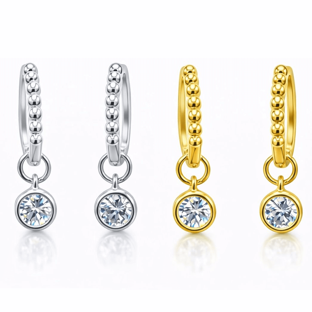 Start2Finish 1CTW created moissanite beaded hoop drop earrings in 14kt gold over sterling silver with round or cushion cut stones.