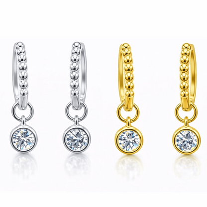 Start2Finish 1CTW created moissanite beaded hoop drop earrings in 14kt gold over sterling silver with round or cushion cut stones.