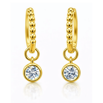 Start2Finish 1CTW created moissanite beaded hoop drop earrings in 14kt gold over sterling silver with round or cushion cut stones.
