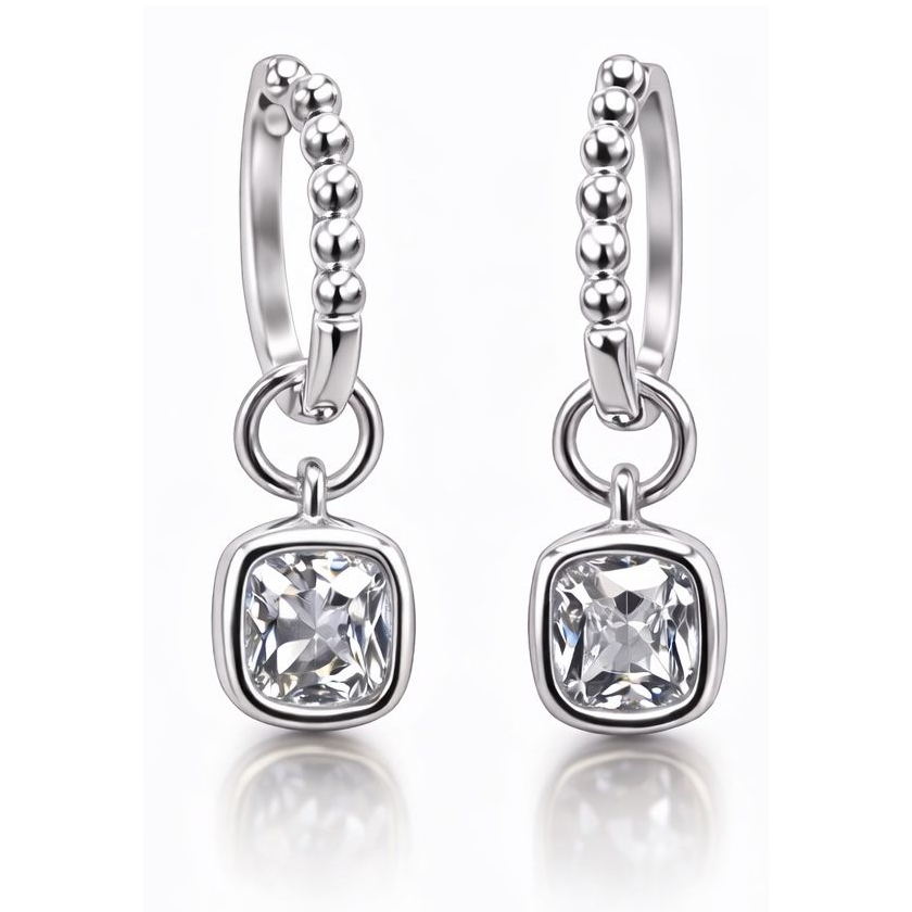 Start2Finish 1CTW created moissanite beaded hoop drop earrings in 14kt gold over sterling silver with round or cushion cut stones.