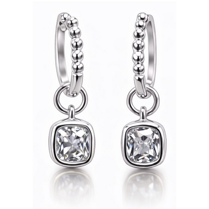 Start2Finish 1CTW created moissanite beaded hoop drop earrings in 14kt gold over sterling silver with round or cushion cut stones.