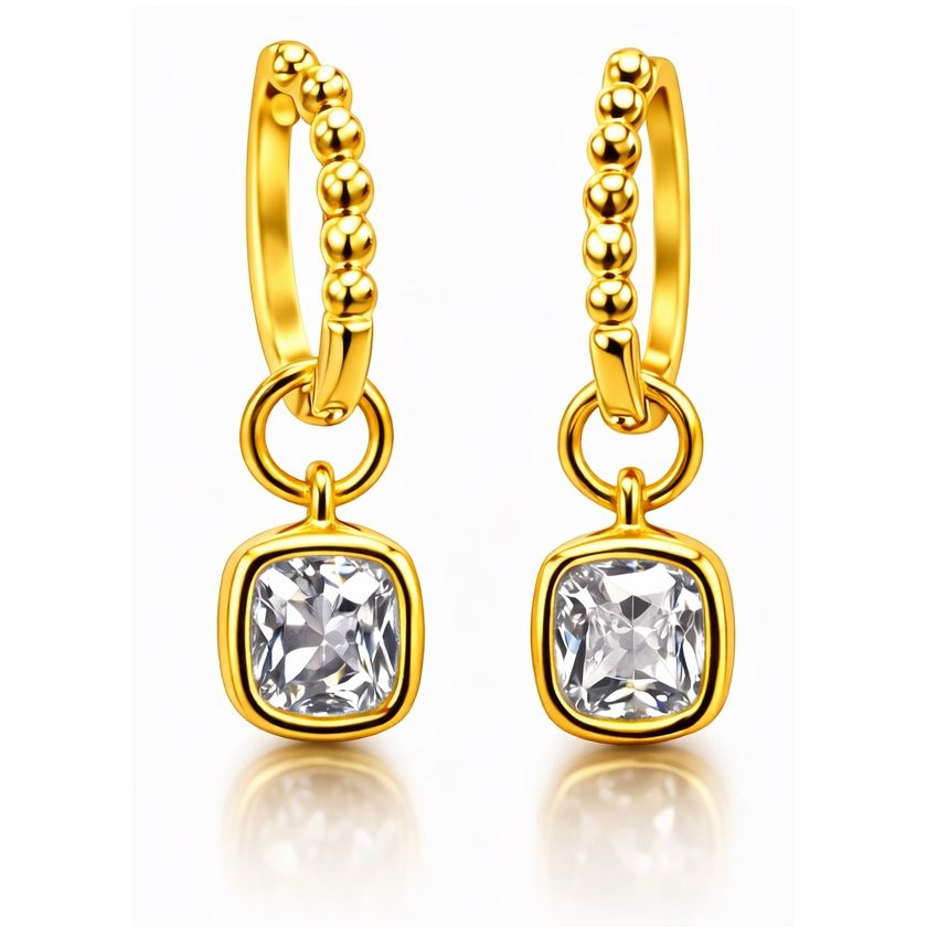 Start2Finish 14kt gold over sterling silver beaded hoop drop earrings with round or cushion cut 1CTW created moissanite gemstones.