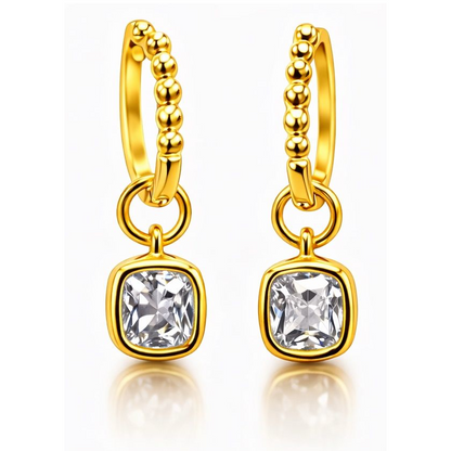 Start2Finish 14kt gold over sterling silver beaded hoop drop earrings with round or cushion cut 1CTW created moissanite gemstones.