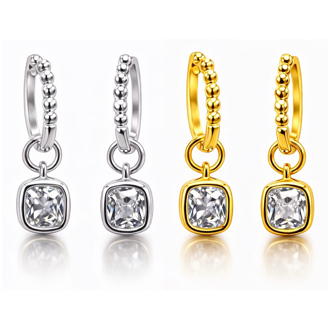 Start2Finish 1CTW created moissanite beaded hoop drop earrings in 14kt gold over sterling silver with round or cushion cut stones