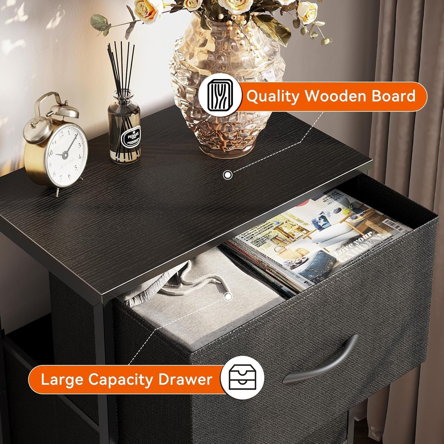 Black 3-drawer dresser nightstand by Peach Maple, compact bedroom furniture with sleek storage drawers.
