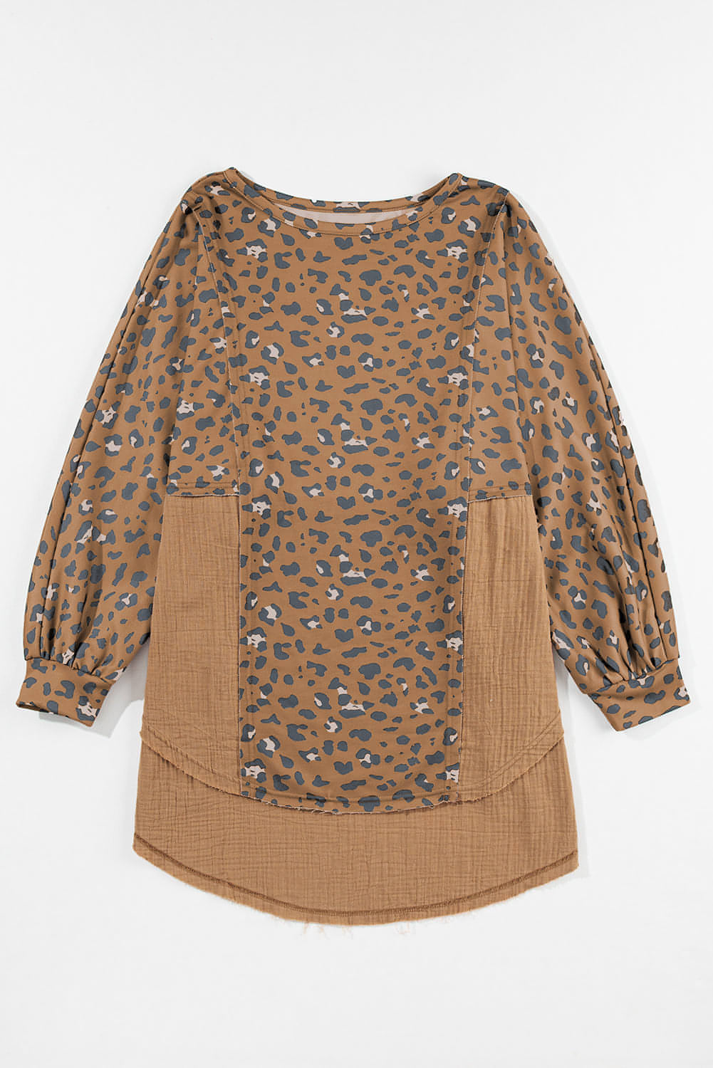 Brown printed raw edge leopard patchwork oversized blouse from Carmine Juneberry, showcasing a stylish and relaxed top design.