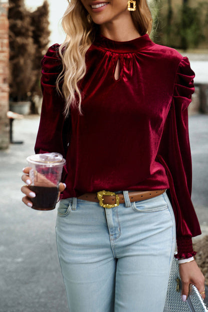 Fiery red Velvet blouse with mock neck and puff sleeves, Carmine Juneberry Tops &amp; Blouses, elegant and stylish for women.