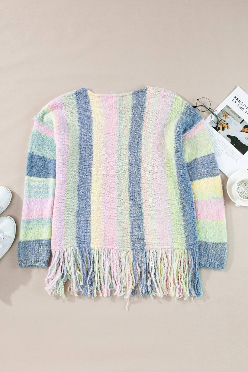 Purple color block fringed drop shoulder sweater by Carmine Juneberry, featuring a cozy knit with stylish fringe details.