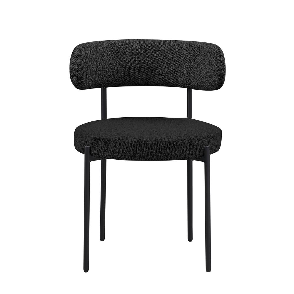 Pair of Drexel Boucle Fabric Black Dining Chairs by Start2Finish, showcasing modern black upholstered seats and sleek wooden legs.