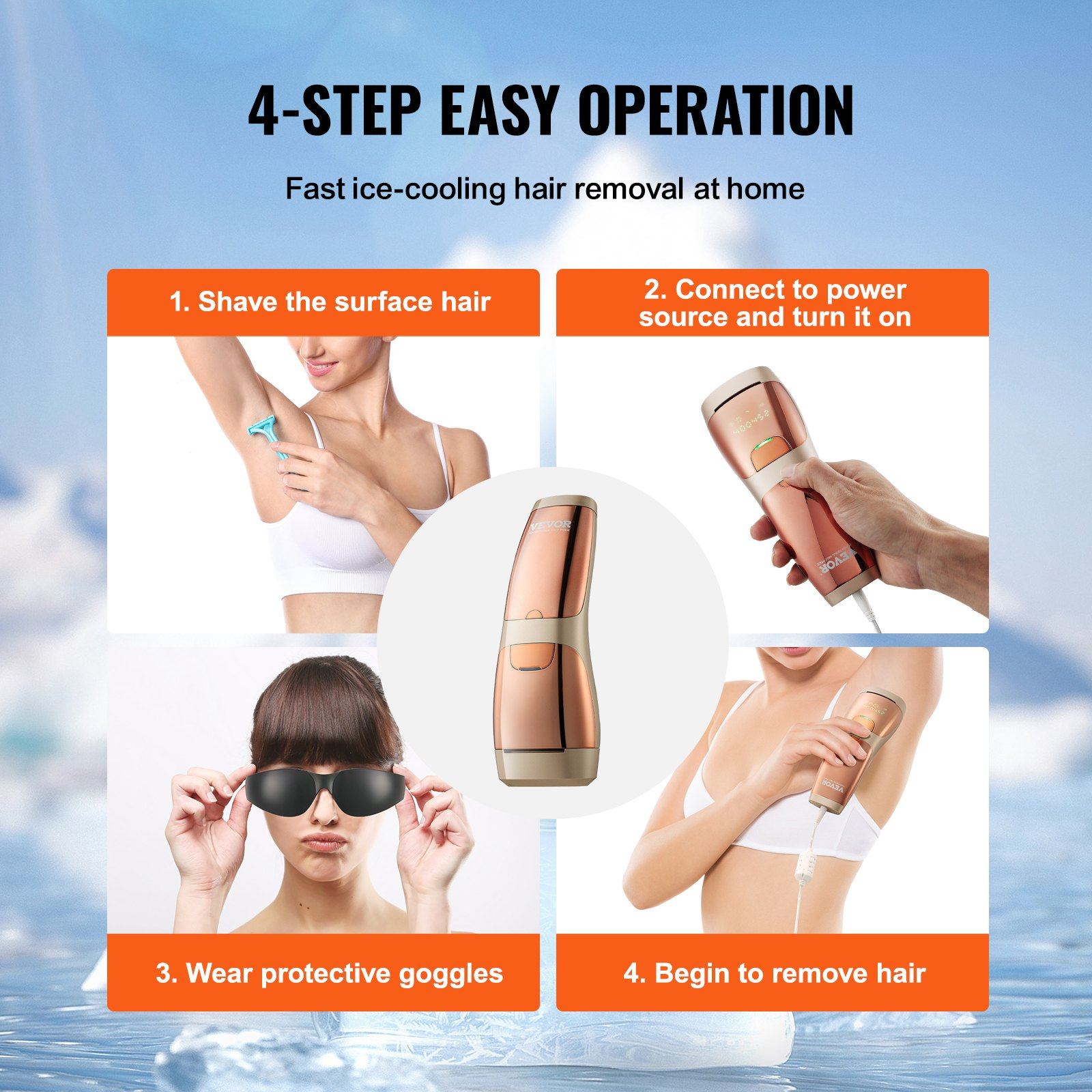 Start2Finish VEVOR IPL Hair Removal device with sapphire cooling system, for painless at-home hair removal on face and body.