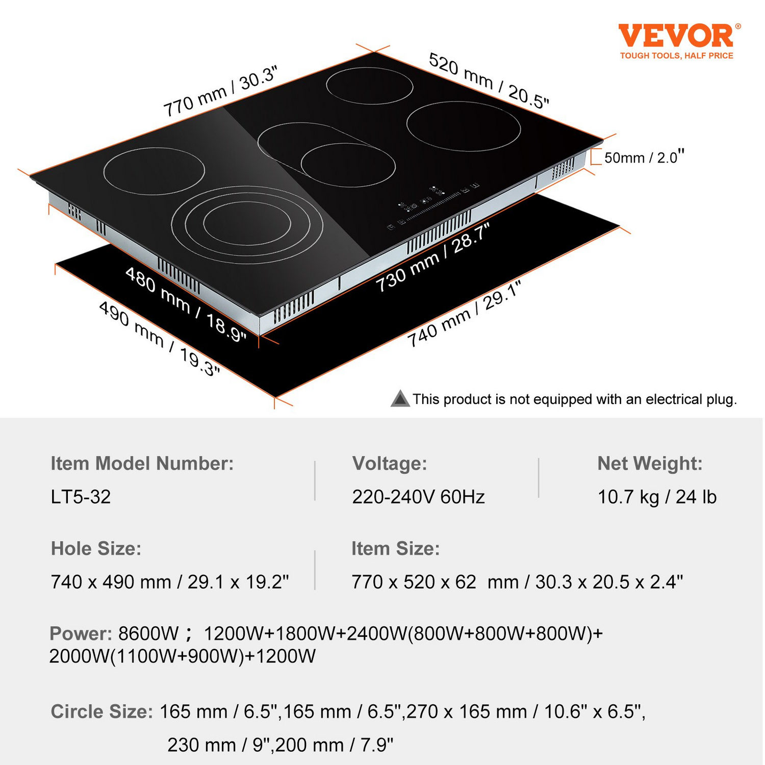 Start2Finish VEVOR built-in electric stove top with 5 burners, glass cooktop, sensor touch control, timer, and child lock.